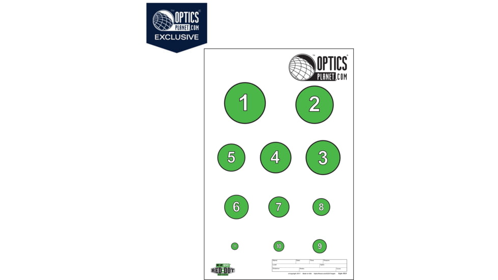 OpticsPlanet Exclusive EZ2C Targets Red Dot Optics Style 7, Green and Black Ink on High Quality White Paper, 25 Pack, EZ2CRD07