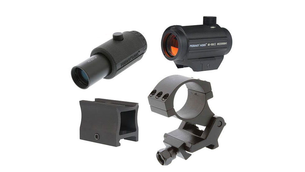 OpticsPlanet Exclusive Primary Arms 1x 2 MOA Micro Red Dot Sight Exclusive Bundle w/Bases and Magnifier, Black, MD-BLK-BUNDLE