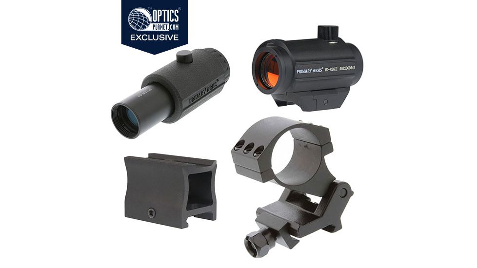 OpticsPlanet Exclusive Primary Arms 1x 2 MOA Micro Red Dot Sight Exclusive Bundle w/Bases and Magnifier, Black, MD-BLK-BUNDLE