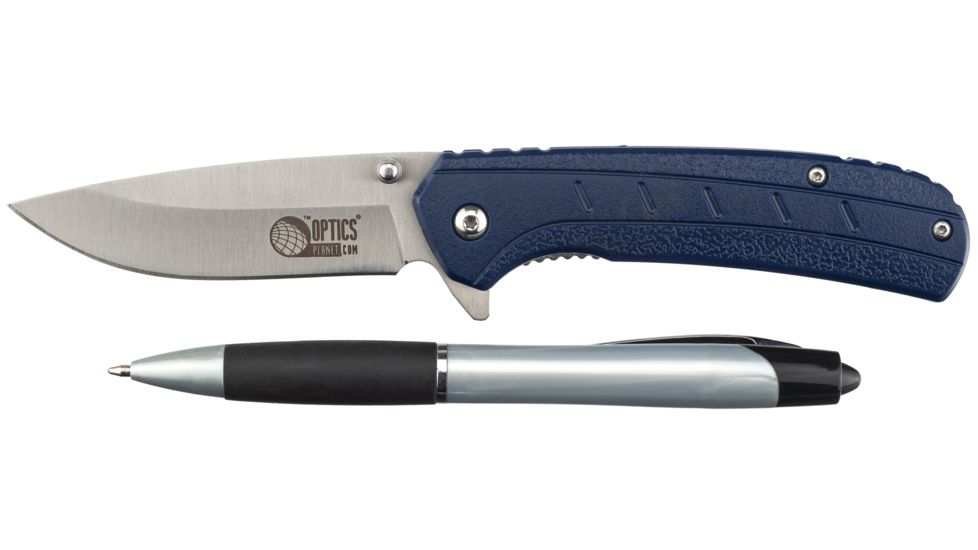 OpticsPlanet Exclusive OpticsPlanet Spring Assisted Folding Knife, 7.5in Overall, Blue Handle, Silver Steel Blade, OP-A094