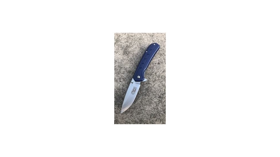 OpticsPlanet Exclusive OpticsPlanet Spring Assisted Folding Knife, 7.5in Overall, Blue Handle, Silver Steel Blade, OP-A094