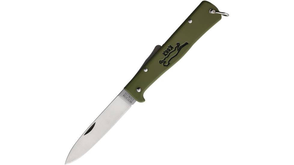 OTTER-Messer Large Mercator SS Folding Knife, 4.38in Closed, 3.38in Satin Stainless Spear Point Blade, Olive Stainless Steel Handle, 10-426 RK OL