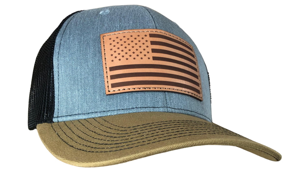 Outdoor Cap Heathered Grey/Blk/ Old Gold Trucker w/USA Flag Leather Patch, USA-771 GB