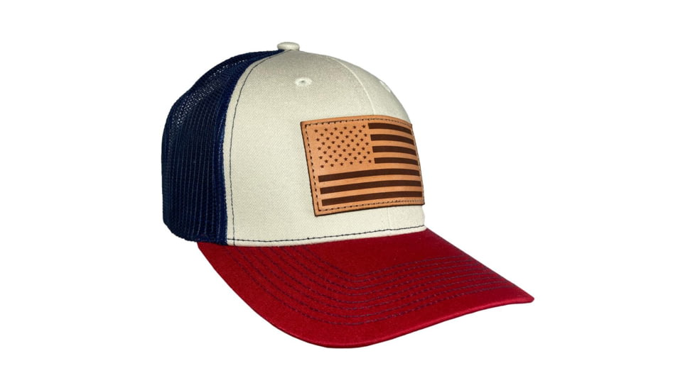 Outdoor Cap Stone/Navy/Cardinal Trucker w/ USA Flag Leather Patch, USA771