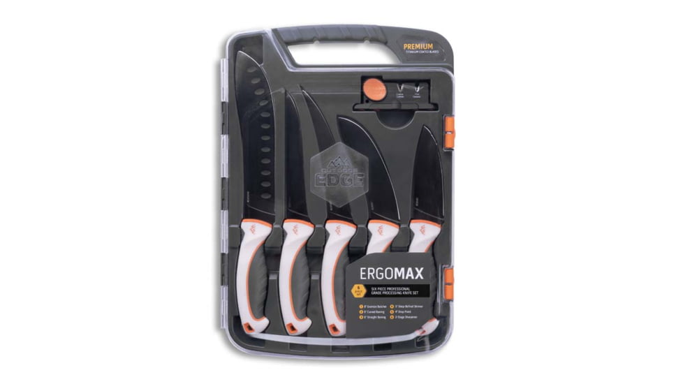 Outdoor Edge Cutlery Ergo Max 6-Piece Professional Grade Processing Knife Set, Black Titanium Coated 5Cr13Mov Blades, Triple Shot w/TPR Handle, EM1