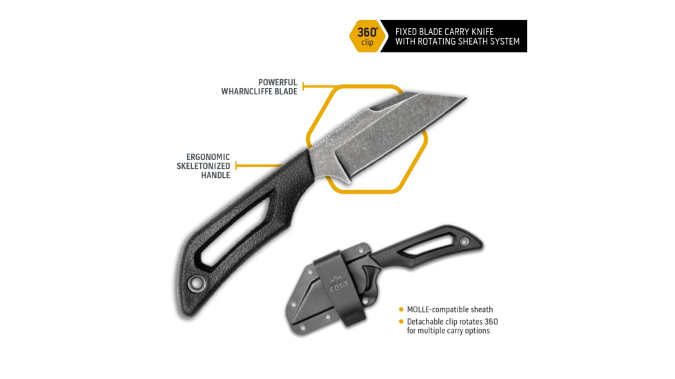 Outdoor Edge Cutlery Pivot Fixed Wharncliffe Fnife, 2.6in, Cr13Mov SS, Blackstone Rockwell-C Blade, Black Rubberized TPR Handle, PKWC-2C