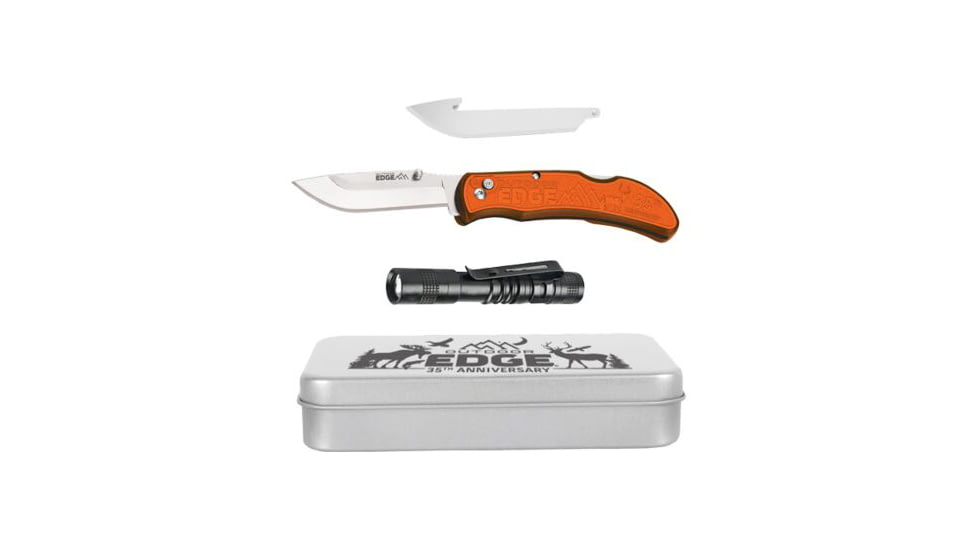 Outdoor Edge Cutlery Razor Carry W/ Flashlight &amp; Tin 2 Blades Folding Knife, 3 in Blade, Stainless Steel, Orange Handle, P24RX30FL2T