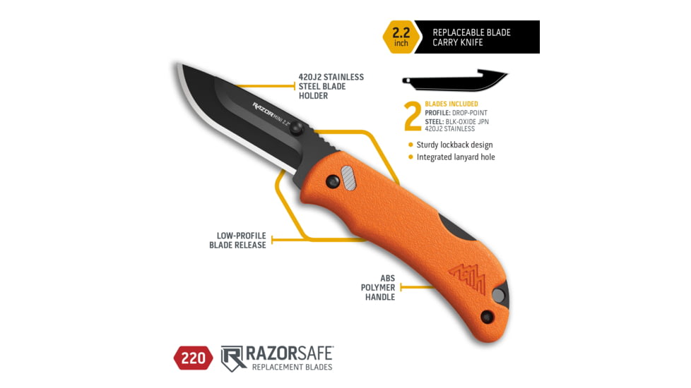Outdoor Edge Cutlery Razor Mini Folding Knives w/2 Blades, 2.2in, Stainless Steel, Drop Point, Rubber Overmolded Orange Handle, RMB22-2C