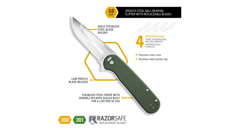 Outdoor Edge Cutlery RAZORVX3 Micarta, Stainless Flipper, Spring Assist, Ball Bearing, EDC Knife, 3in, Green/Stainless, VX330B-C
