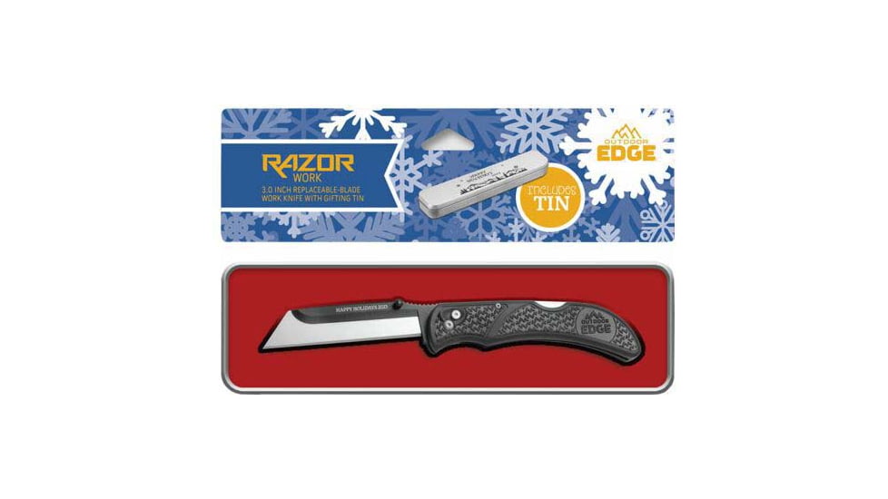 Outdoor Edge Cutlery RazorWork Folding Knife w/Gift Tin, 420J2 Stainless Steel, Black Oxide, Black Matte Thermoplastic Rubber Handle, P23RW301T