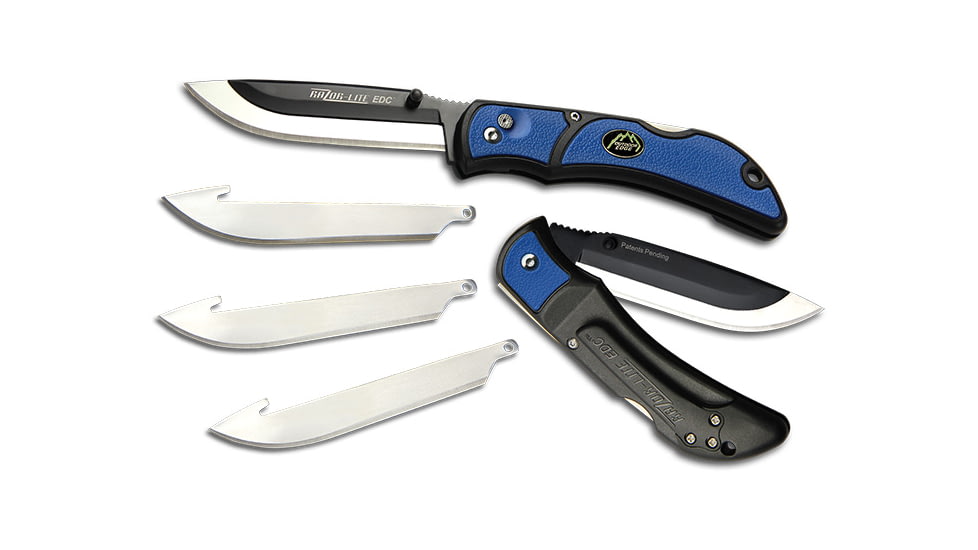 Outdoor Edge Cutlery Razor-Lite EDC Folding Knife, 4-Blade Combo Set, 3 in, Japanese 420J2 stainless, Drop Point, Grivory w/ TPR Inserts, Blue, Blister, RLU30-40C