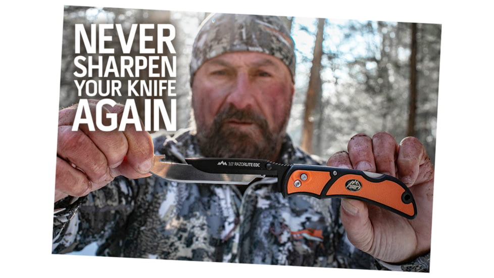 Outdoor Edge Cutlery Razor-Lite EDC Folding Knife, 3 in, Japanese 420J2 stainless, Drop Point, Grivory w/ TPR Inserts, Orange Handle, 4-Blade Combo Set, Blister, RLB30-30C