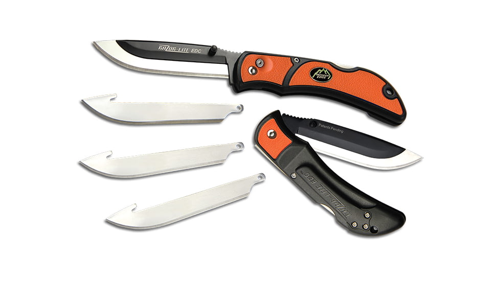 Outdoor Edge Cutlery Razor-Lite EDC Folding Knife, 3 in, Japanese 420J2 stainless, Drop Point, Grivory w/ TPR Inserts, Orange Handle, 4-Blade Combo Set, Blister, RLB30-30C