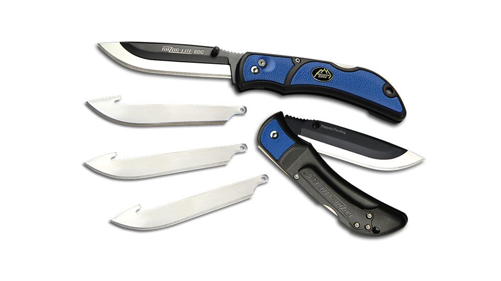 Outdoor Edge Cutlery Razor Lite EDC Folding Knife, 3 in, Japanese 420J2 Stainless, Drop Point, Grivory w/ TPR Inserts, Black/Blue, w/ 4 - 3in Blades, RLU30-40
