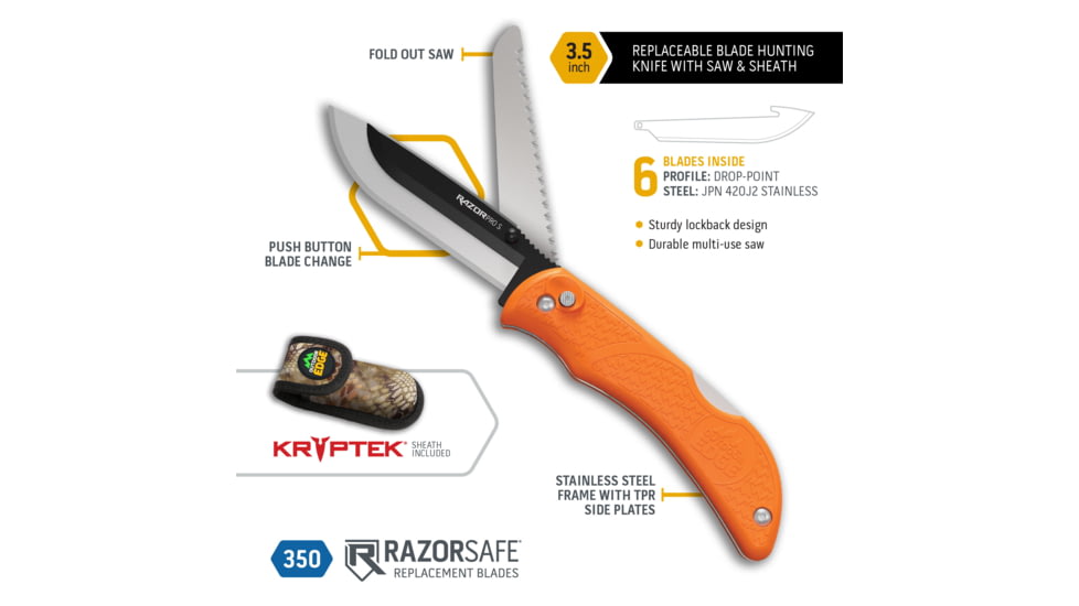 Outdoor Edge Cutlery Razor Pro Folding Knife, 3.5 in, Stainless Steel, Drop Point, Rubber Overmolded, Orange Handle, RSB35-6C