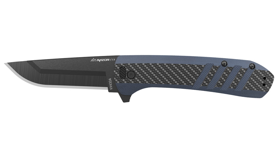 Outdoor Edge Cutlery RAZOR VX4 Folding Knife, 3in, Japanese 420J2 Stainless Steel, Drop Point Blade, G10, Carbon Fiber/Blue Handle, VX430CC