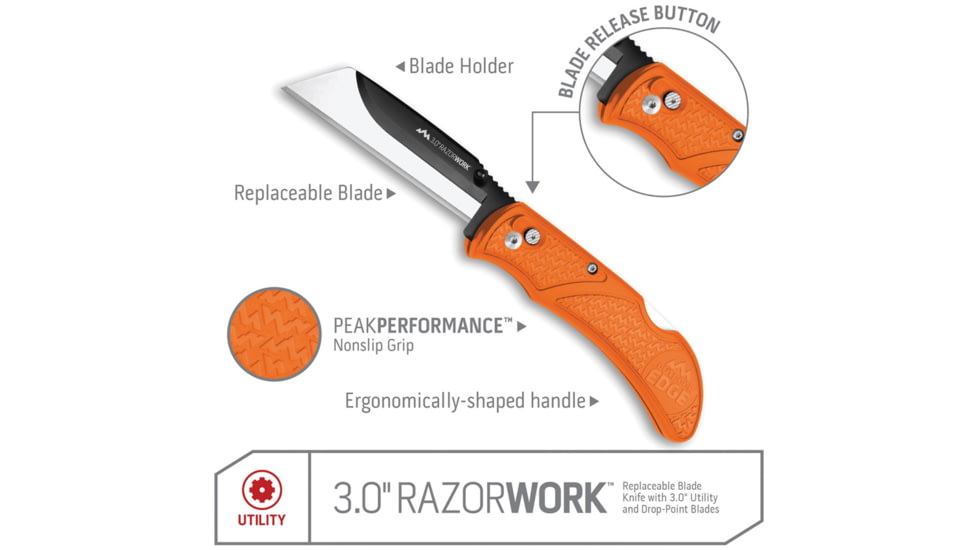 Outdoor Edge Cutlery Razor Work Lockback Folding Knife, Japanese 420J2 stainless, Grivory, Orange, RWB-3070C