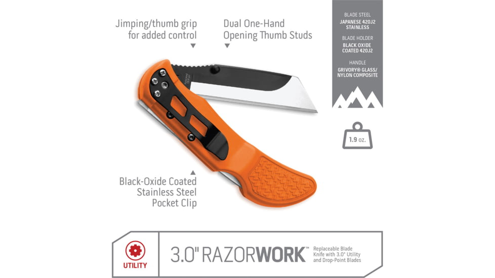 Outdoor Edge Cutlery Razor Work Lockback Folding Knife, Japanese 420J2 stainless, Grivory, Orange, RWB-3070C