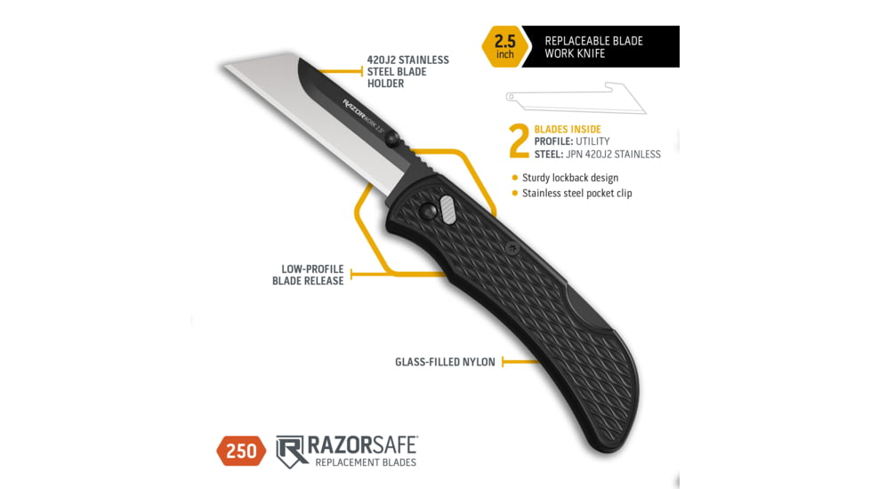 Outdoor Edge Cutlery RazorWork Replaceable Blade Utility Folding Knife, 2.5in, Stainless Steel, Plain Edge, Thermoplastic Rubber, Black Matte Handle, Box, RWK25-2