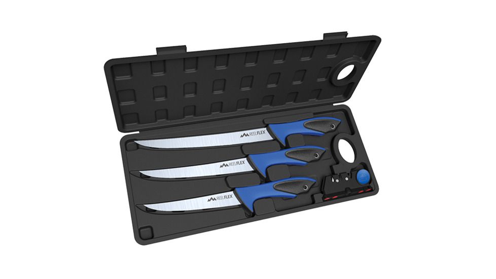 Outdoor Edge Cutlery Reel Flex Pak, German 4116 Stainless Steel 6/7.5/9.5in Blade w/ Knife Sharpener and Hard Sided Case - 5 Piece Set, Black/Blue RFP-6