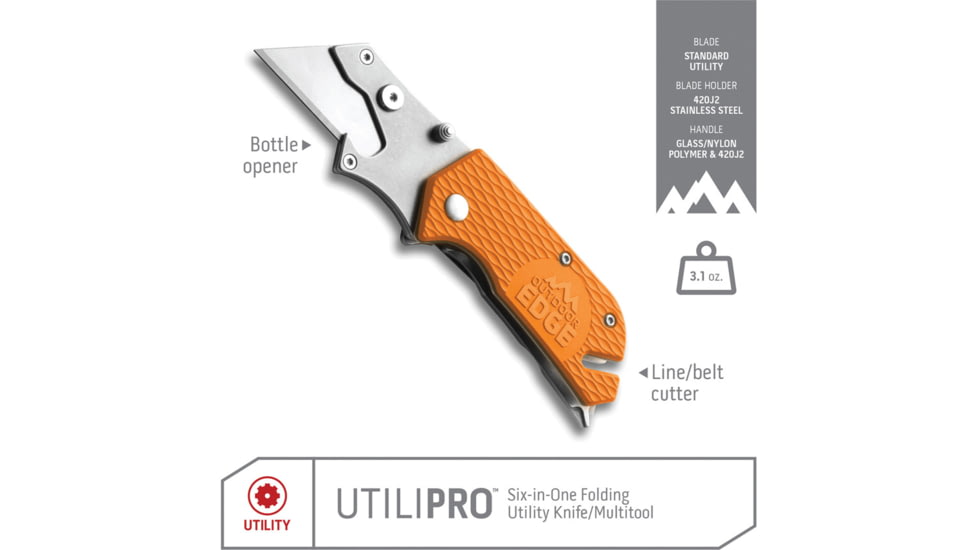 Outdoor Edge Cutlery UtiliPro Utility Folding Knife, 1 in, 5.25 in Overall, Japanese 420J2 Stainless Steel, GFN, Orange Handle, UPB-10C