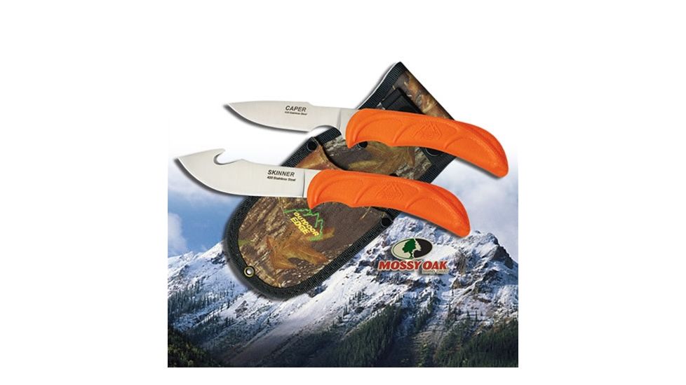 Outdoor Edge Cutlery Wild-Pair Hunters Combo Fixed Blade Knife, 4 in, Steel Blade, Gut-hook Skinner and Caping Blades, Rubberized Polymer, Blaze Orange, w/ Mossy Oak Camo Belt Sheath, WR-1C