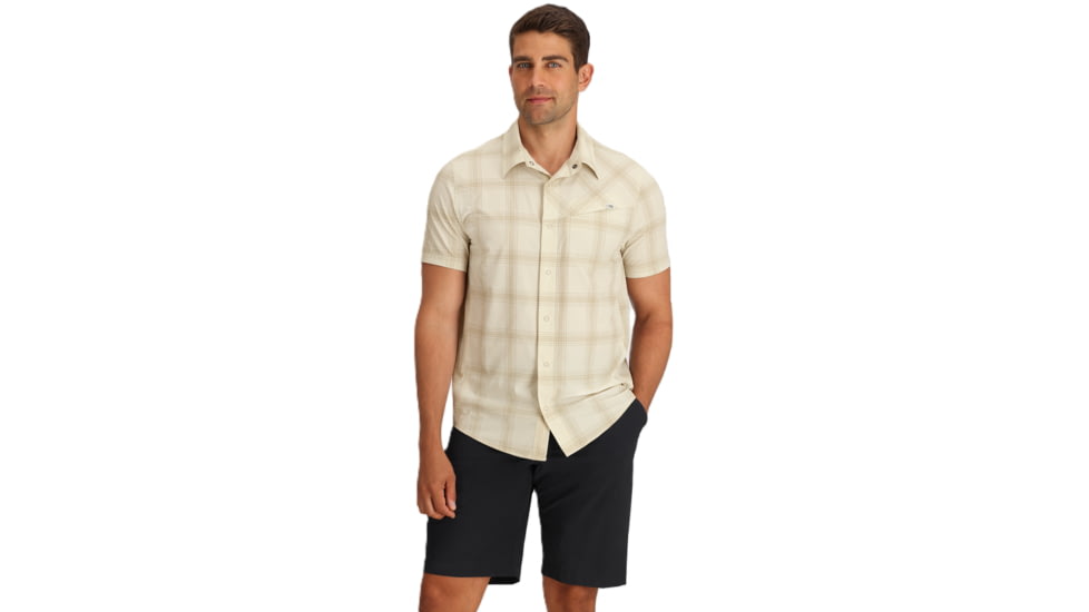 Outdoor Research Astroman Short Sleeve Sun Shirt - Mens, Oyster Plaid, S, 2822782709006