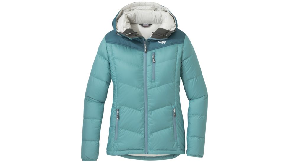 Outdoor Research Transcendent Down Hoody - Womens, Seaglass/Washed Peacock, Small, 2681051384006