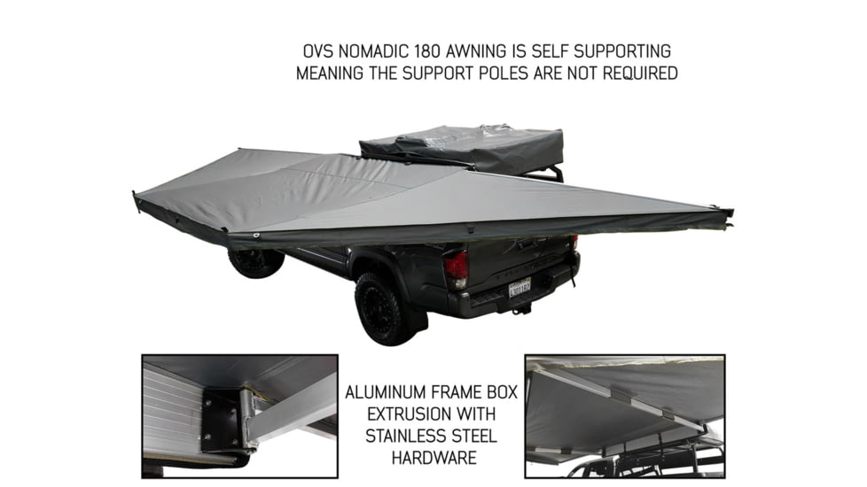 Overland Vehicle Systems Nomadic 180 Awning w/ Bracket Kit and Extended Poles For Mid to High Roof Line Vans, Dark Gray, 19609908