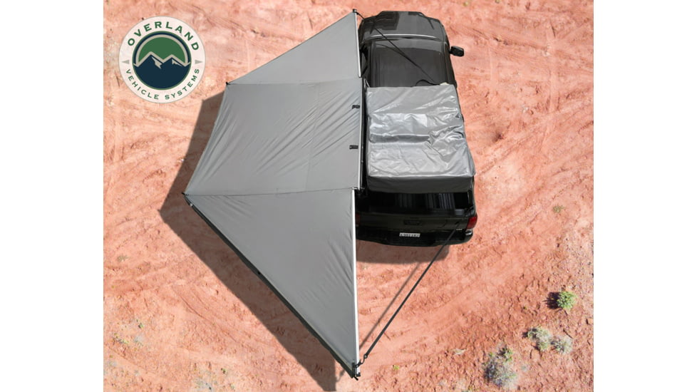 Overland Vehicle Systems Nomadic 180 Awning w/ Bracket Kit and Extended Poles For Mid to High Roof Line Vans, Dark Gray, 19609908