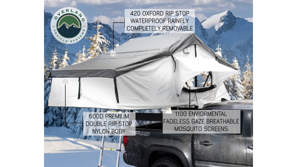 Overland Vehicle Systems Nomadic Extended 3 Person Roof Top Tent w/Annex, Rain Fly Black Cover Arctic, Dark Gray/White, 18031926