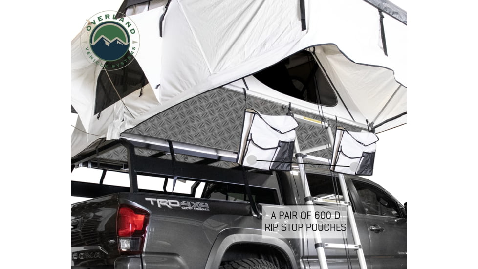 Overland Vehicle Systems Nomadic Extended 3 Person Roof Top Tent w/Annex, Rain Fly Black Cover Arctic, Dark Gray/White, 18031926