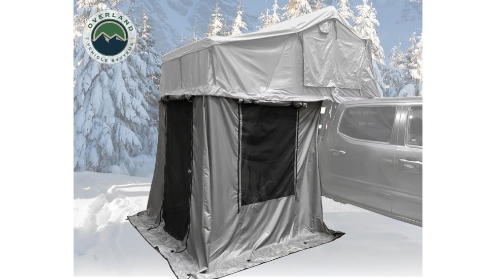 Overland Vehicle Systems Nomadic Extended 3 Person Roof Top Tent w/Annex, Rain Fly Black Cover Arctic, Dark Gray/White, 18031926