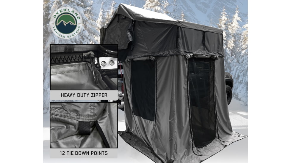Overland Vehicle Systems Nomadic Extended 3 Person Roof Top Tent w/Annex, Rain Fly Black Cover Arctic, Dark Gray/White, 18031926