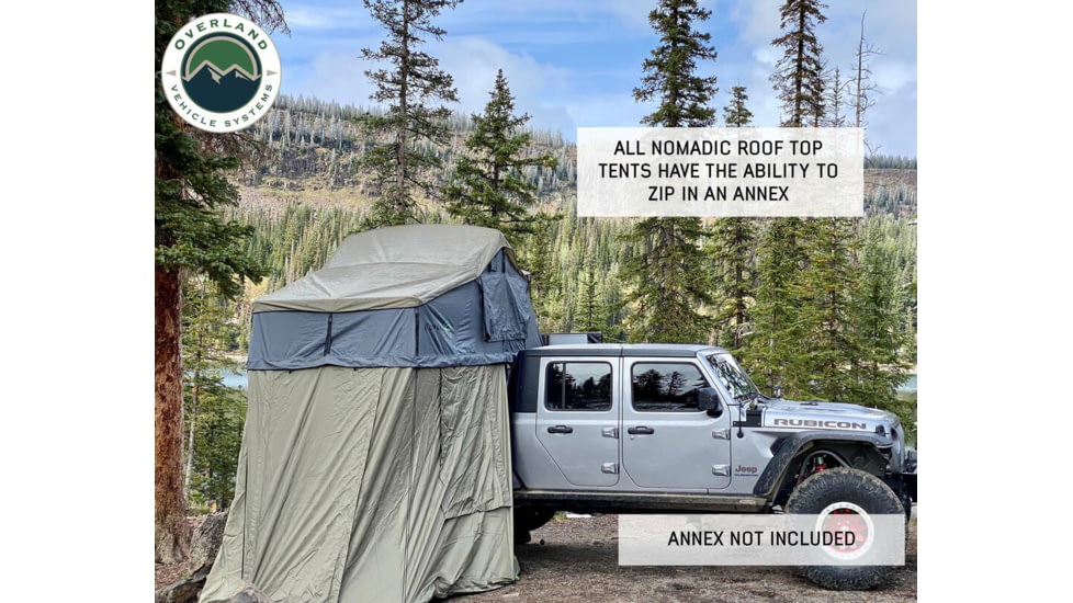 Overland Vehicle Systems Nomadic Extended Roof Top Tent w/ Green Rain Fly and Black Cover - 3+ Person, 4 Season, Dark Gray/Green, 18139936