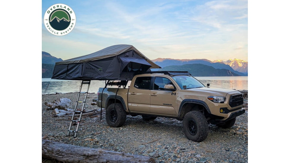 Overland Vehicle Systems Nomadic Extended Roof Top Tent w/ Green Rain Fly and Black Cover - 3+ Person, 4 Season, Dark Gray/Green, 18139936