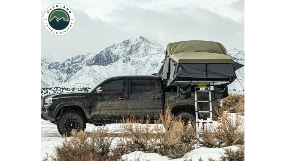 Overland Vehicle Systems Nomadic Extended Roof Top Tent w/ Green Rain Fly and Black Cover - 4+ Person, 4 Season, Dark Gray/Green, 18149936