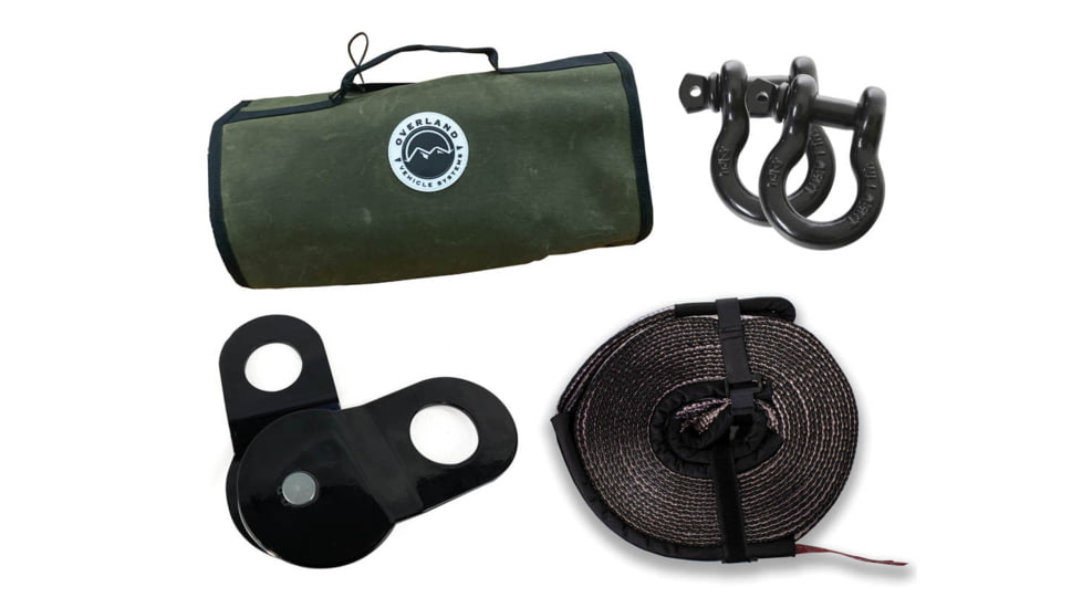 Overland Vehicle Systems Recovery Wrap Kit Including 20in Tow Strap, Pair of Black D-Rings, Snatch Block and Canvas Bag, 33-0501