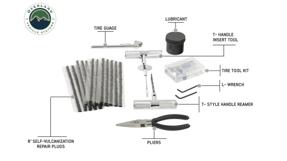 Overland Vehicle Systems Tire Plug Repair Kit 53 Piece Off Road Grade Truck, Jeep Off Road, RV, Trailers, Black, 12030001