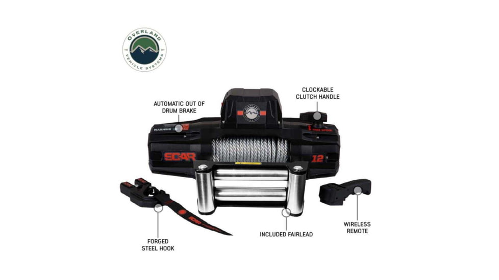 Overland Vehicle Systems Winch w/ Steel Cable Wireless Remote, 12.0 Winch, 19119901
