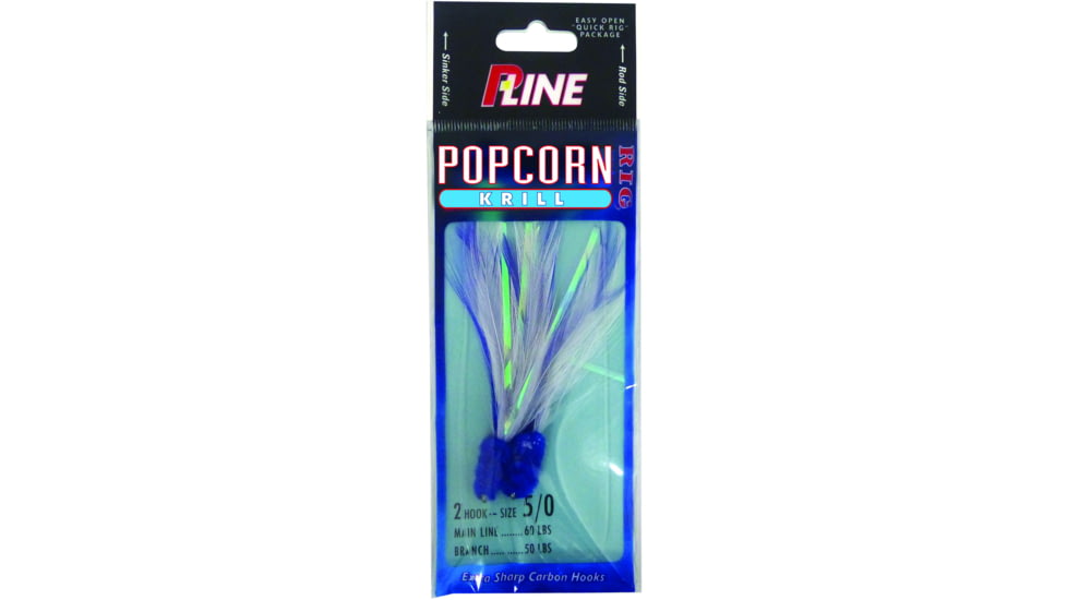 P-Line Popcorn Krill Rig, 2-Hook, 5/0, Blue Head Blue / White Feathers, PPK5/0-B/BW