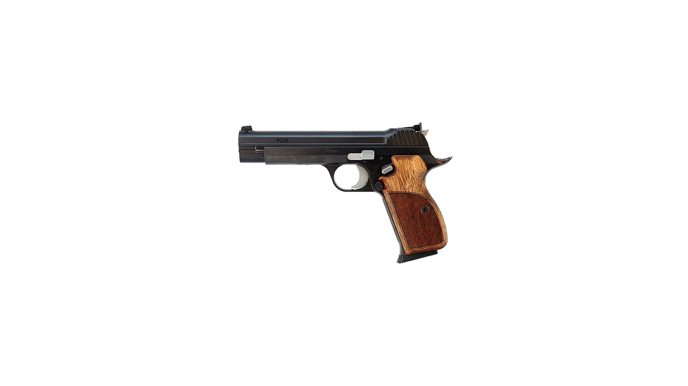 SIG SAUER P210 Pistol, 9mm Luger, 4.7 in barrel, steel frame, checkered wood grip, recoil operated semi-automatic, adjustable target, 8 round magazine, P210-1-FRRMPG