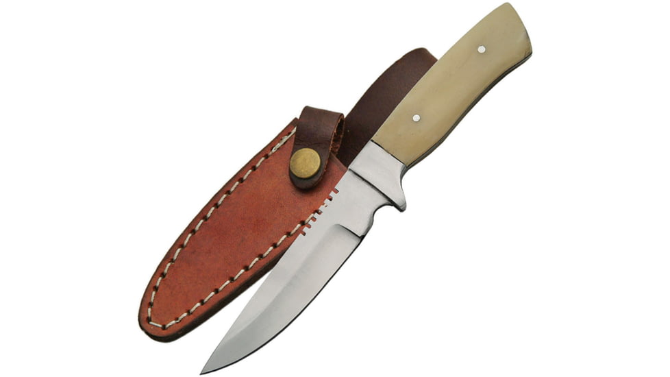 Pakistan 7.13In Fixed Blade Skinner Knife, 7.13in Overall, 3.5in Satin SS Skinner Blade, White Smooth Bone Handle, SS Guard, Brown Leather Belt Sheath, White, 203369