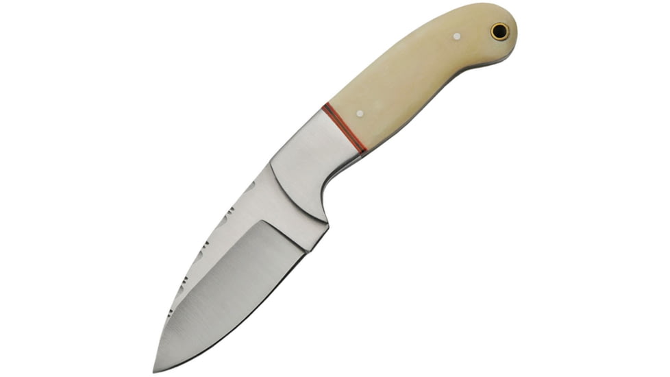 Pakistan 7.13In Skinner Fixed Blade Knife, 7.13in Overall, 3in Satin SS Blade, White Smooth Bone Handle, SS Bolster, Brown Leather Belt Sheath, White, 203407-BO