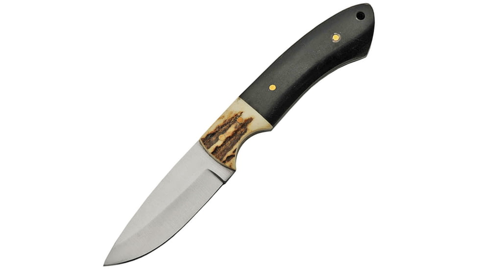 Pakistan 7in Fixed Blade Hunter Knife, 7in Overall, 2.75in Satin SS Drop Point, Buffalo Horn And Stag Bone Handle, Brown Leather Belt Sheath, 203379