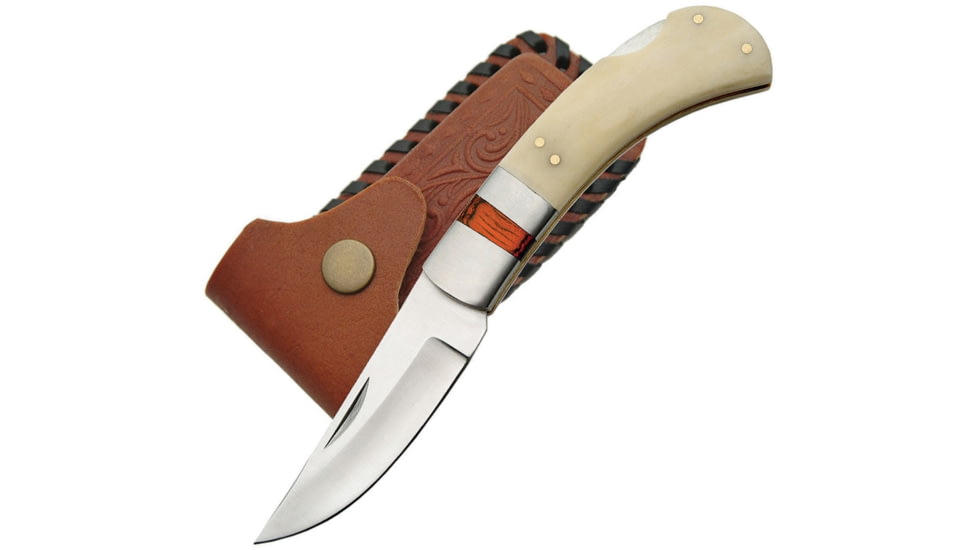 Pakistan 8001 Single Bolster Lockback Pocket Knife, 4in closed, 3in Satin SS Drop Point, White smooth bone, DH-8001