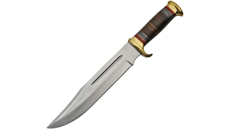 Pakistan Bowie Pakkawood Leather Knife, 11 satin finish stainless bowie blade, Stacked leather and pakkawood handle, 203413
