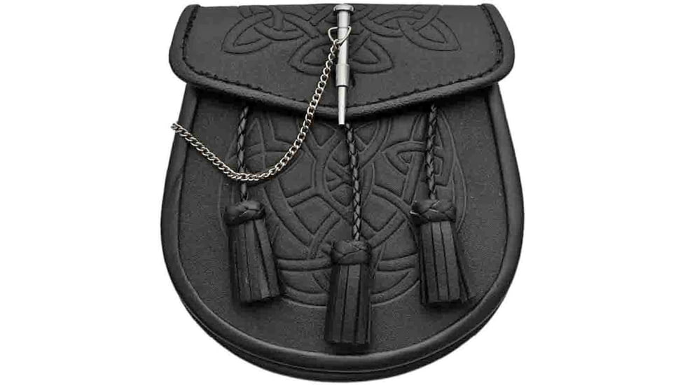 Pakistan Celtic Knot Sporran, Measures 7 3/4in X 7 1/8in Overall, Black Leather Pouch w/Celtic Knot Pattern Embossing, Three Braided Leather Tassels, 203344