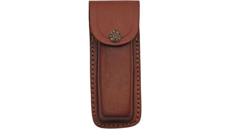 Pakistan Eagle Tail Folding Knife, 5in Closed, 4in Satin Stainless Clip Point Blade, Orange Pakkawood Handle, Brown Leather Belt Sheath, 203477