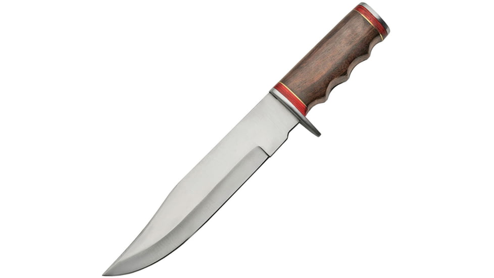 Pakistan Fixed Blade Knife, 12in Overall. 7.5in Satin SS Bowie Clip Point Blade, Brown Finger Grooved Wood Handle, Brown, 203380